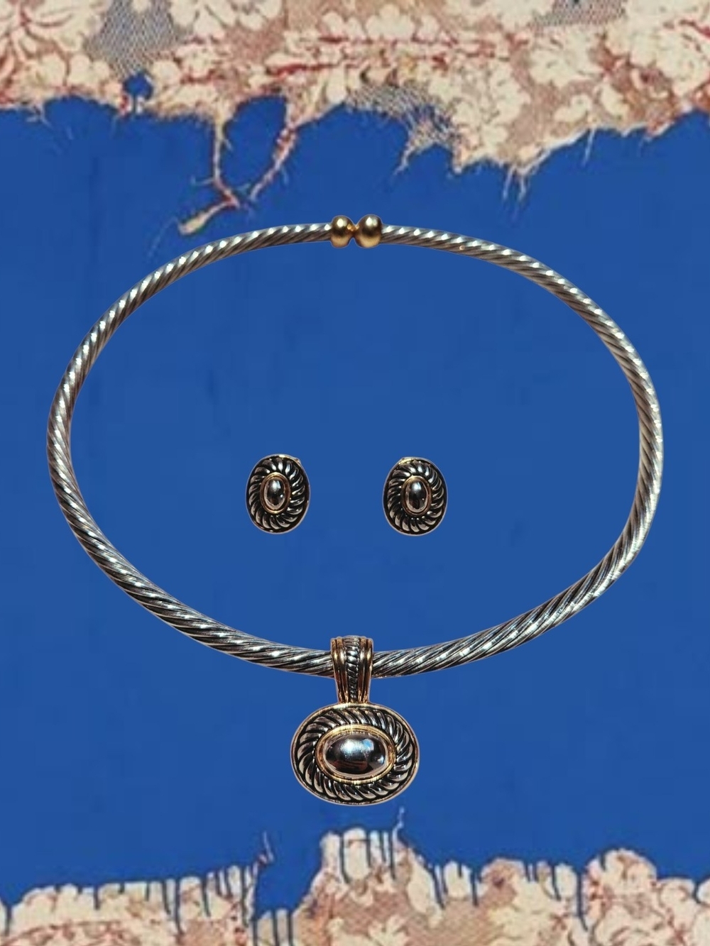 Vintage Cable Jewelry Set– Silver & Gold Tone Twisted Rope necklace and Earrings